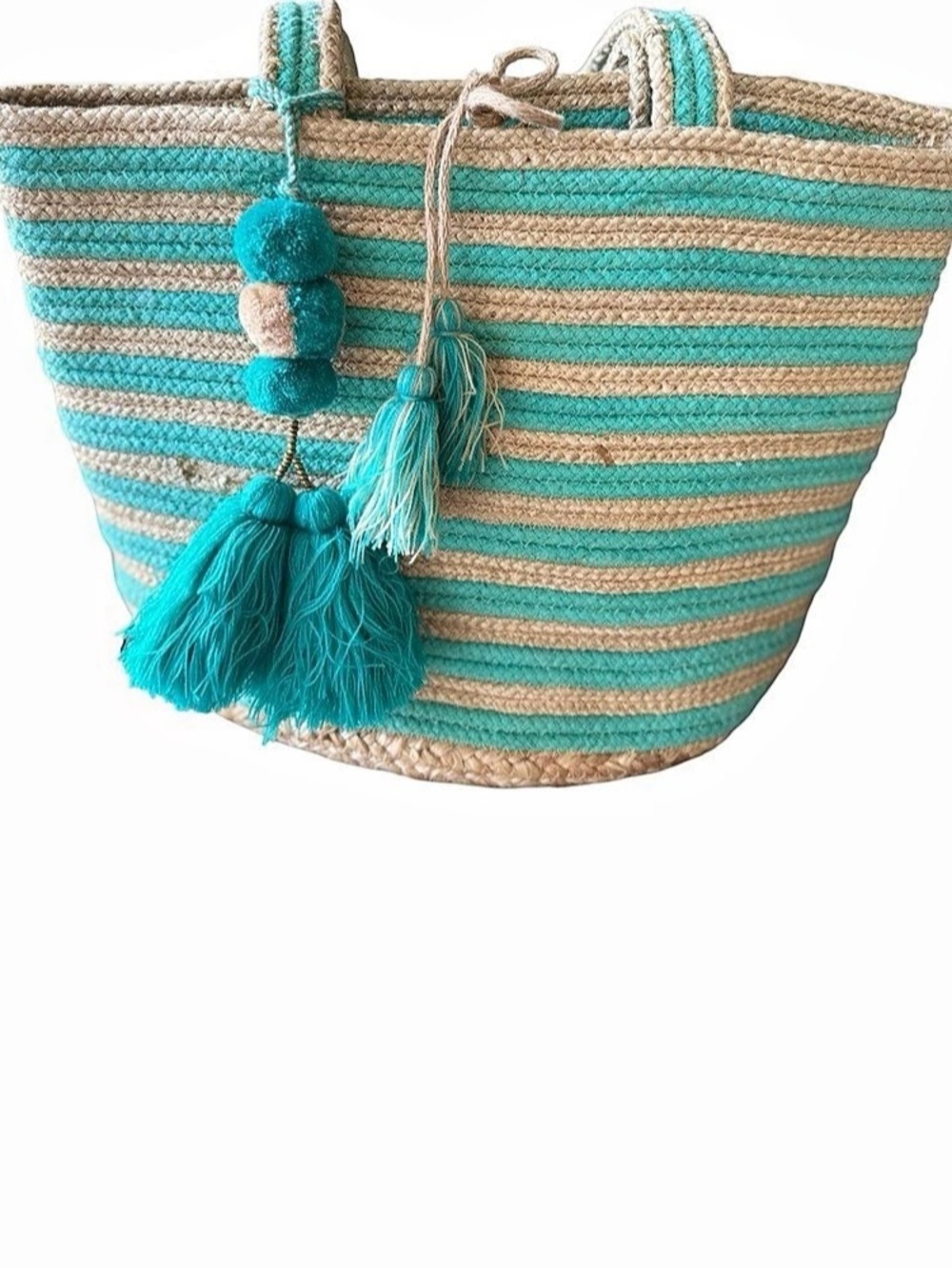 America & Beyond Striped Tassel Tote in Turquoise & Beige